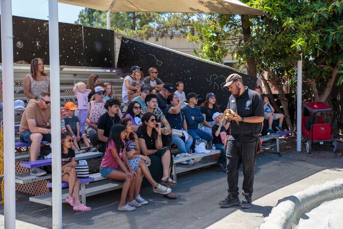 Families watching an animal presentation from shaded bleachers